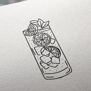 May include: Black and white line drawing of a tall glass filled with ice cubes, lemon slices, and a sprig of mint.