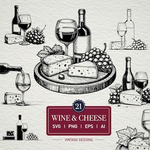 Op de afbeelding: Zwart-wit illustratie van wijn en kaas. De afbeelding toont wijnflessen, wijnglazen, kaasstukken en druiven. Een houten kaasplank staat in het midden. Tekst luidt "Wine & Cheese" en "Vintage Designs."