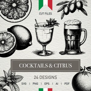 May include: A collection of black and white illustrations featuring citrus fruits, cocktails, and beer. The image includes the text "COCKTAILS & CITRUS" and "24 DESIGNS". Available in SVG, PNG, EPS, AI, and PDF formats.