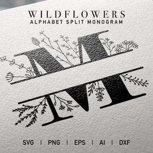 Pacote de alfabeto de flores silvestres com monograma dividido A-Z Fonte de script decorativa personalizada vintage extravagante ESP DXF Png SVG Cricut Silhouette Cut File