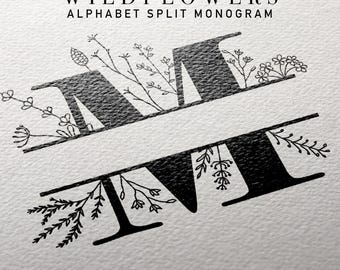 Split Monogram Wildflower Alphabet Bundle A-Z Fancy Vintage Personalized Decorative Script Font ESP DXF Png SVG Cricut Silhouette Cut File