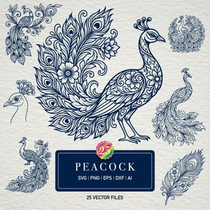 May include: A collection of 25 vector files featuring peacock designs in navy blue. The image includes various peacock illustrations, including a detailed peacock with a fanned tail, a peacock head, and a peacock feather. The text "PEACOCK" is displayed.