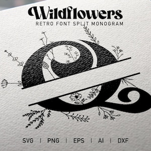 Op de afbeelding: Zwart-witte gesplitste monogramletter Q met een bloemmotief. De letter is in het midden gesplitst met een lege ruimte. De tekst "Wildflowers Retro Font Split Monogram" staat boven de letter. De tekst "SVG | PNG | EPS | AI | DXF" staat onder de letter.