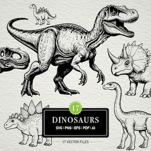 May include: Black and white dinosaur illustrations. The image features a Tyrannosaurus Rex, Triceratops, Stegosaurus, and other dinosaurs. The image also includes the text "DINOSAURS" and "17 VECTOR FILES".