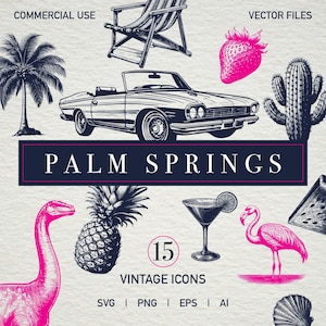 Vintage Palm Springs SVG Bundle Cut Files Cricut PNG Coastal illustrations Beach Bridal Shower Summer Retro Seaside Ocean Bachelorette Party
