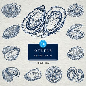 Könnte beinhalten: Eine Sammlung von 16 Austernillustrationen im dunkelblauen Strichstil. Das Bild zeigt verschiedene Darstellungen von Austern, sowohl geöffnet als auch geschlossen, sowie eine Grafik mit der Aufschrift "OYSTER" und "16 CUT FILES".