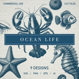 Peut inclure: Un ensemble de neuf illustrations sur le thème de l'océan, comprenant un homard, une étoile de mer, un hippocampe, un oursin et un poisson-clown. Les illustrations sont de style vintage et sont parfaites pour une utilisation dans l'artisanat, le scrapbooking ou la conception numérique. Le texte "OCEAN LIFE" est présenté dans une bannière bleue.