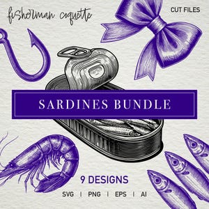 Könnte beinhalten: Ein Set aus neun digitalen Illustrationen von Sardinen in der Dose, einem Garnelen und einer Schleife. Die Illustrationen sind im Vintage-Stil gehalten und perfekt zum Erstellen von Bastelarbeiten, Scrapbooking oder anderen kreativen Projekten. Der Text "SARDINES BUNDLE" befindet sich in einem lila Banner oben im Bild. Der Text "9 DESIGNS" befindet sich unter den Illustrationen. Der Text "SVG | PNG | EPS | AI" befindet sich unter dem Text "9 DESIGNS".