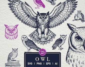 Pakiet SVG z sową: Vintage Illustration Clipart dla Cricut (pobranie cyfrowe)