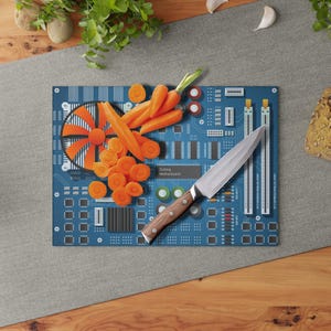 Op de afbeelding: Blauw snijplank met een bedrukt ontwerp van een computermoederbord. Het bord heeft een mes en gesneden wortels erop. De tekst "Cutting Motherboard" is op het bord gedrukt.