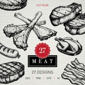 27 Meat SVG Bundle – Steak, Sausages, Bacon, Chicken, Ribs & Butcher Cuts | Digital Meat Illustrations for Cricut, Sublimation And T-Shirts