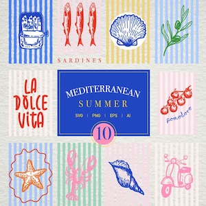 May include: Ten Mediterranean-themed illustrations featuring sardines, a seashell, olives, a starfish, a lobster, a scooter, and the phrases "La Dolce Vita" and "Mediterranean Summer". Each design has a striped background.