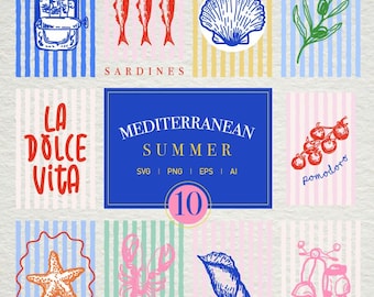 Mediterranean Summer Icons SVG Bundle: Coastal Line Art Clipart (Digital Download)