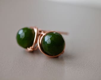 14K rose gold filled Dark Green Jade Stud Earrings, March birthstone, 8mm stud round earrings, Minimalist Style