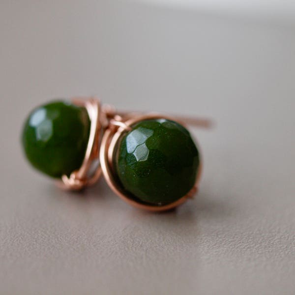 14K rose gold filled Dark Green Jade Stud Earrings, March birthstone, 8mm stud round earrings, Minimalist Style