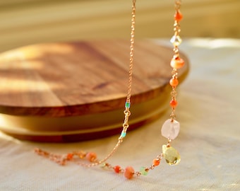 Pink Opal rose gold filled necklace with teardrop citrine and coral micro beads wirewrapped