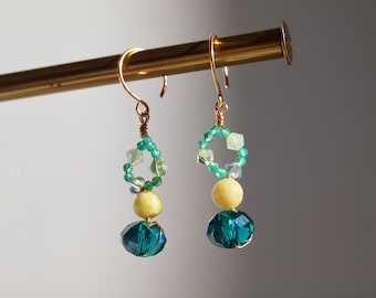 Green Yellow Dangle Earrings, emerald crystal and lemon jasper dangle earrings in 14K yellow gold filled