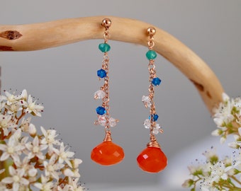 Orange Chalcedony Dangle Earrings, Sunset Earrings in mango briolette, stud earrings with dangle, 14K rose gold filled