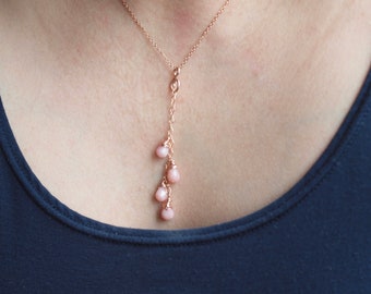 pink opal pendant, gemstone necklace, cascading pink pendant necklace with rose gold filled chain