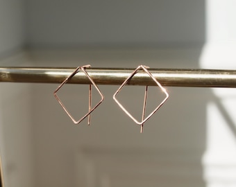geometric hoop threader earrings, square hoop earrings, lozenges earrings, rose gold filled thread earrings, yellow gold filled, silver