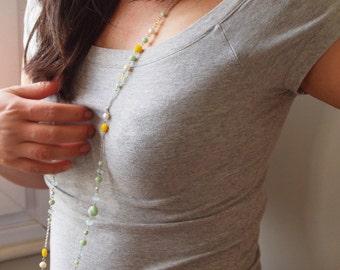 Retro long necklace, Mint and yellow daisy pastel long necklace, layered, transformable into statement necklace.