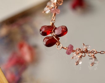 trio garnet necklace, Stacking necklace, neckmess stack necklace, with Herkimer Diamond and Pink Tourmalines rose gold filled