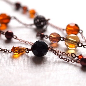 Black and orange long necklace in antique copper chain image 2