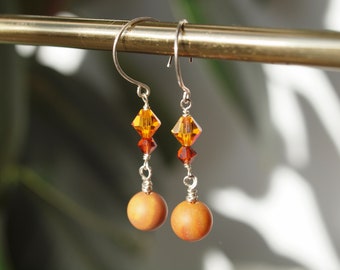 Silver Dangle Earrings, Wood Jasper jewelry, simple earrings, orange long dangle, gift idea, gift below 40