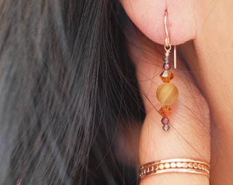 Wood Jasper or Sunstone dainty dangle earrings, stocking stuffers, gift below 40, daily earrings, 14Kgoldfilled wirewrapped