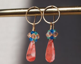 Strawberry Quartz Gemstone 14K yellow gold earrings with Detachable Front Facing hoops vertical Line ear wires