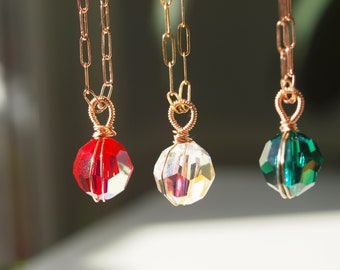 Christmas Theme Pendant, Crystal Pendant, Paperclip chain 14K rose gold or yellow gold filled, clear, crimson red, emerald green, gift idea