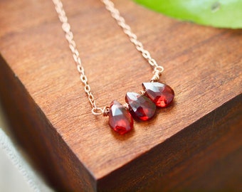 Garnet Pendant, trio teardrop gemstone, quality red gemstone briolette wirewrapped with rose gold filled chain, red stone jewelry