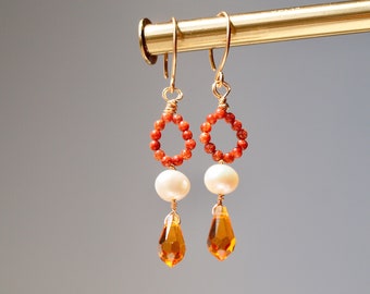 Sunstone pearl orange dangle earrings 14K yellow goldfilled
