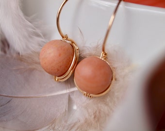Blush pink earrings, rose wood stone gold earrings, dangle earrings, doff stone, one of a kind
