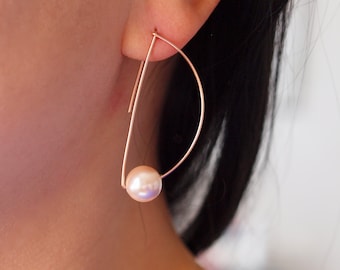 June birthstone pearl peach, 14K rose gold filled oversized half hoop earrings, crescent moon hoop charm, geometric minimalist earrings