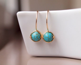 Turquoise gold dangle earrings, December birthstone turquoise dangle earrings wire wrapped, 14K gold filled