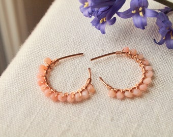 Rose Gold huggie earrings with pink opal wirewrapped, handmade gemstone earrings, rose gold filled hoops earrings with gemstone