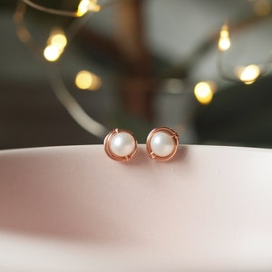 Pearl Stud Earrings Gold filled Earrings, Rose Gold Filled White Pearl Earrings, June baby, Bridal, Earrings Post Pearl, AAA quality image 5