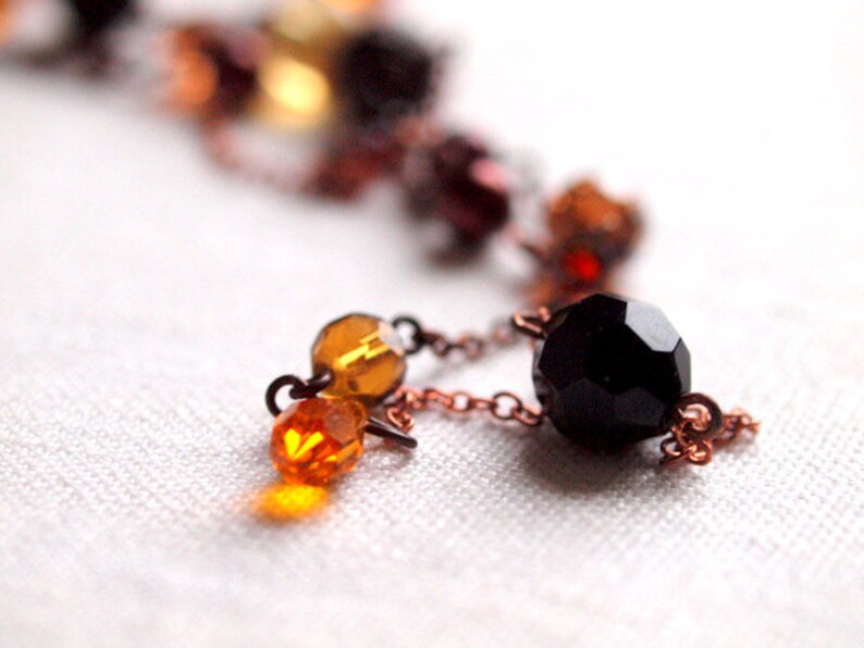 Black and orange long necklace in antique copper chain image 3
