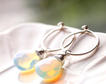 Last Pair, October Birthstone, Opal Dangle Earrings, Medium Hoops, Interchangeable Hoop Silver Earrings