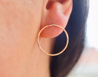 Large Open Circle Stud Earrings, Hammered Hoops, Front Facing Round, made to order your material preference rose gold, yellow gold, silver