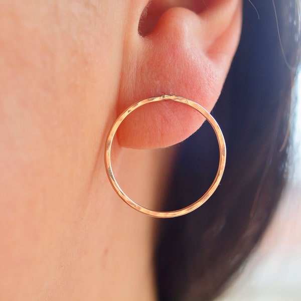 Large Open Circle Stud Earrings, Hammered Hoops, Front Facing Round, made to order your material preference rose gold, yellow gold, silver