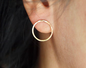 Open Circle Hoops Stud, Front Facing Round Earrings, Sphere Stud, hammered rose gold filled, sterling silver, gold filled