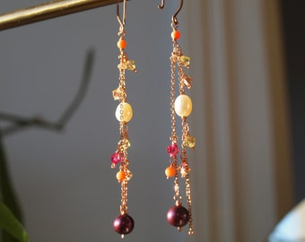 Pearl earrings, long earrings, wirewrapped crystals fresh water pearl, rose gold filled