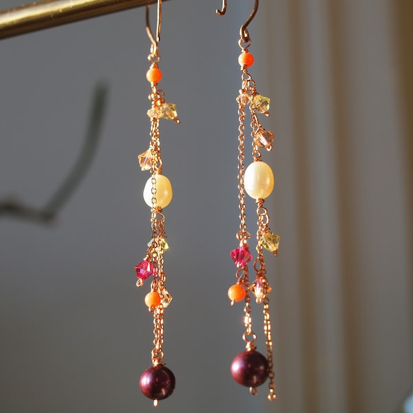 Pearl earrings, long earrings, wirewrapped crystals fresh water pearl, rose gold filled