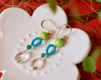 Fun dangle earrings with light dark green turquoise emerald and clear teardrop detail