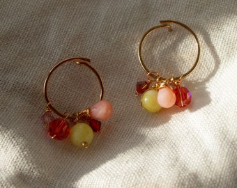 Cherry Blossoms Hoops Stud Earrings Front Facing with detachable Pink Opal gemstones, personable material yellow, rose gold filled, silver