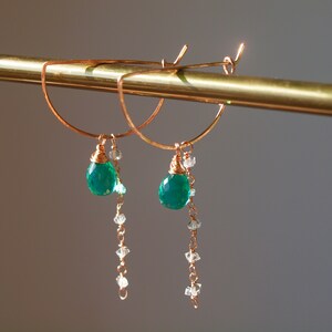 Herkimer Diamond wirewrapped on half circle Hoops with emerald quartz teardrop detail, detachable, other option rose gold or silver
