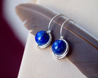 Lapis lazuli silver earrings, sterling silver dangle earrings, everyday jewelry, 8mm French style drop earrings, Wirewrapped