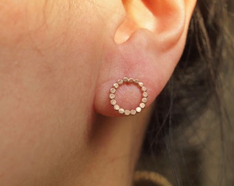 Wreath Earrings, Open Circle Hoops Stud, Bubble hammered rose gold filled